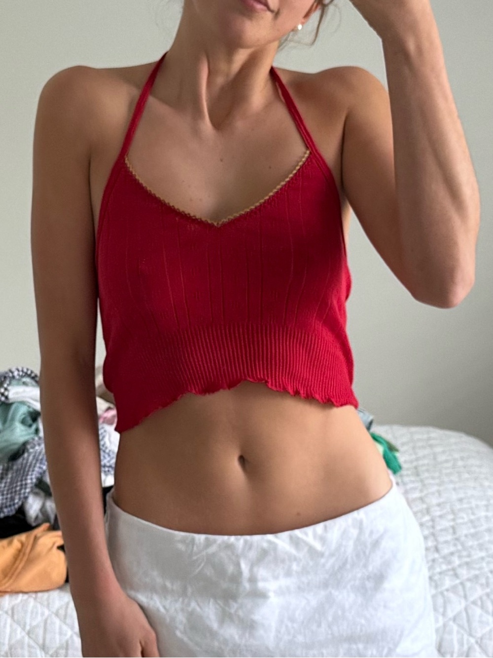 Red Ribbed Halter Crop Top - Women's Summer Tank